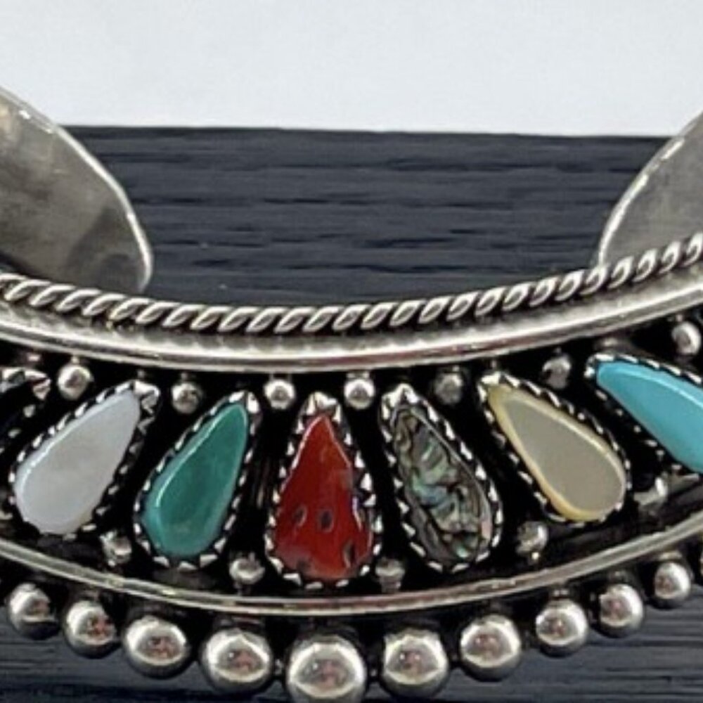 Silver Multicolor Stone Women's Bracelet Navajo Cuff - Picture 3 of 5